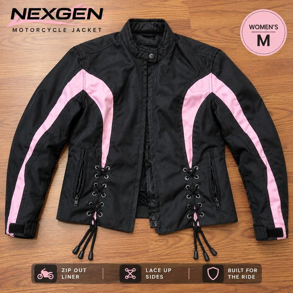 NexGen Women's Motorcycle Jacket Black Pink Size Medium Zip Out Liner Lace Up